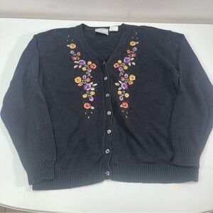 Vintage Erika Studio Women Lg Black Embroidered Floral Cardigan Sweater Cottage